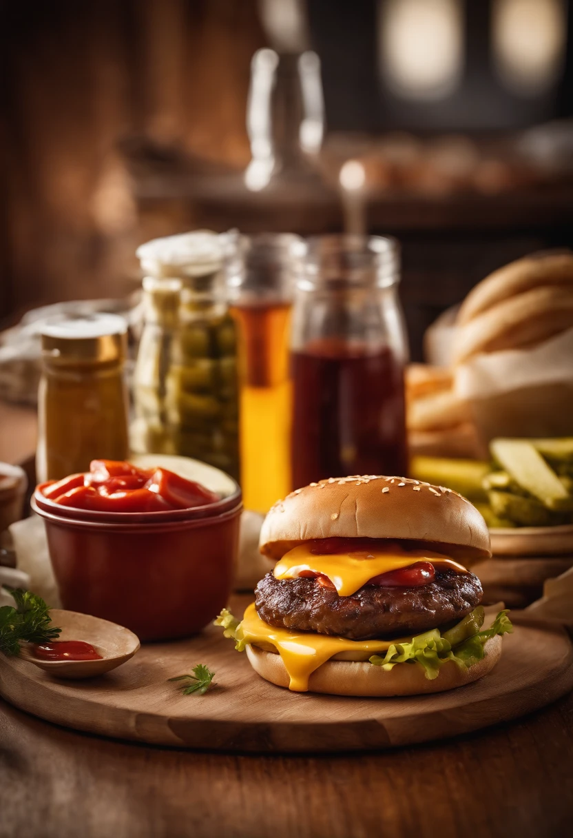 a lifestyle shot of a cheeseburger surrounded by condiments like ketchup, mustard, and pickles, with wooden utensils and napkins, creating a casual and inviting atmosphere