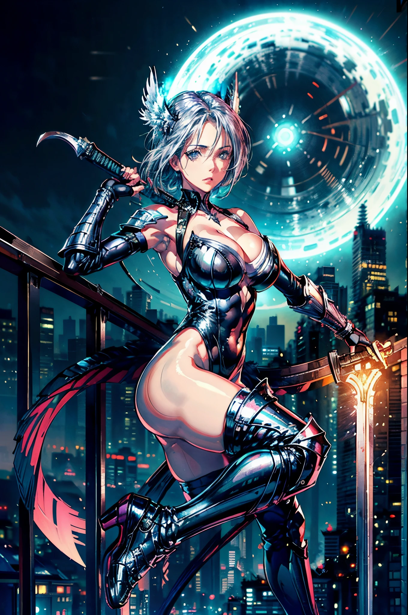 (best quality,4k,8k,highres,masterpiece:1.2),ultra-detailed,(realistic,photorealistic,photo-realistic:1.37),luciwilde,a Silverhawk,strong,Silverhawk in a sexy leotard,strong pose,action poses,beautiful detailed eyes and face,determined expression,fierce look,sharp features,leotard fits perfectly,sleek and shiny material,metallic finish,warrior helmet with elegant design,silver feathers on the helmet,armor piece on the chest,wing-like details on the costume,glossy black boots,fingerless gloves with silver accents,holding a weapon,weapon shines with a silver glow,carved intricate patterns on the weapon,weapon has a futuristic design,athletic physique,graceful movements,flexible poses,background is a futuristic city,metallic skyscrapers,lights illuminating the cityscape,nighttime setting,light trails from flying vehicles,stunning aerial acrobatics,bold and intense color scheme,contrasting shades of silver and black,strong and dramatic lighting,emphasis on dynamic shadows,highlighting the character's figure,city lights reflecting on the character's armor,sleek and modern art style