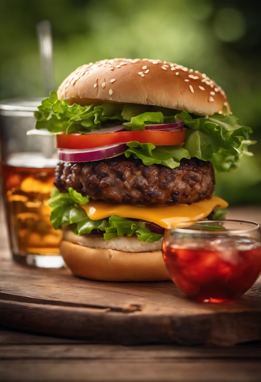a mouthwatering shot of a cheeseburger on a wooden background, with a side of fresh greens and a glass of ice-cold soda, representing the perfect mealtime indulgence
