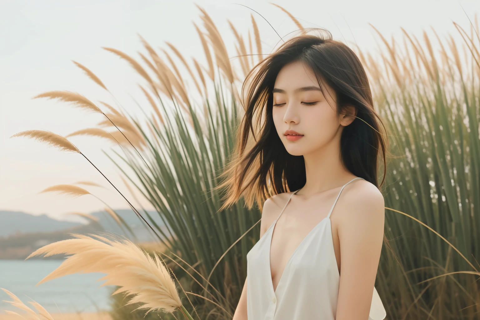 18-year-old girl,sportrait,sideface,完全的sideface,sideface,With his eyes closed,long eyelasher,the detail,prette,incomparable beauty,being thin,惨blanche的肤lanche,calm countenance,Intoxicated expression,Expose shoulder skin,Shirtless,Green pampas grass taller than a man,green pampas grass,Pu stick,There is wind,The wind blows messy hair,artistic conception,