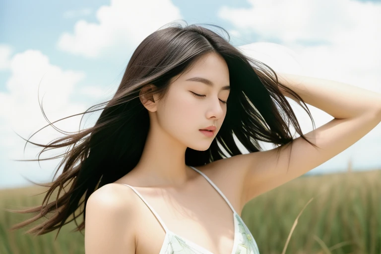 18-year-old girl，sportrait，sideface，完全的sideface，sideface，With his eyes closed，long eyelasher，the detail，prette，incomparable beauty，being thin，惨blanche的肤lanche，calm countenance，Intoxicated expression，Expose shoulder skin，Shirtless，Green pampas grass taller than a man，green pampas grass，Pu stick，There is wind，The wind blows messy hair，blanche色短发，artistic conception，