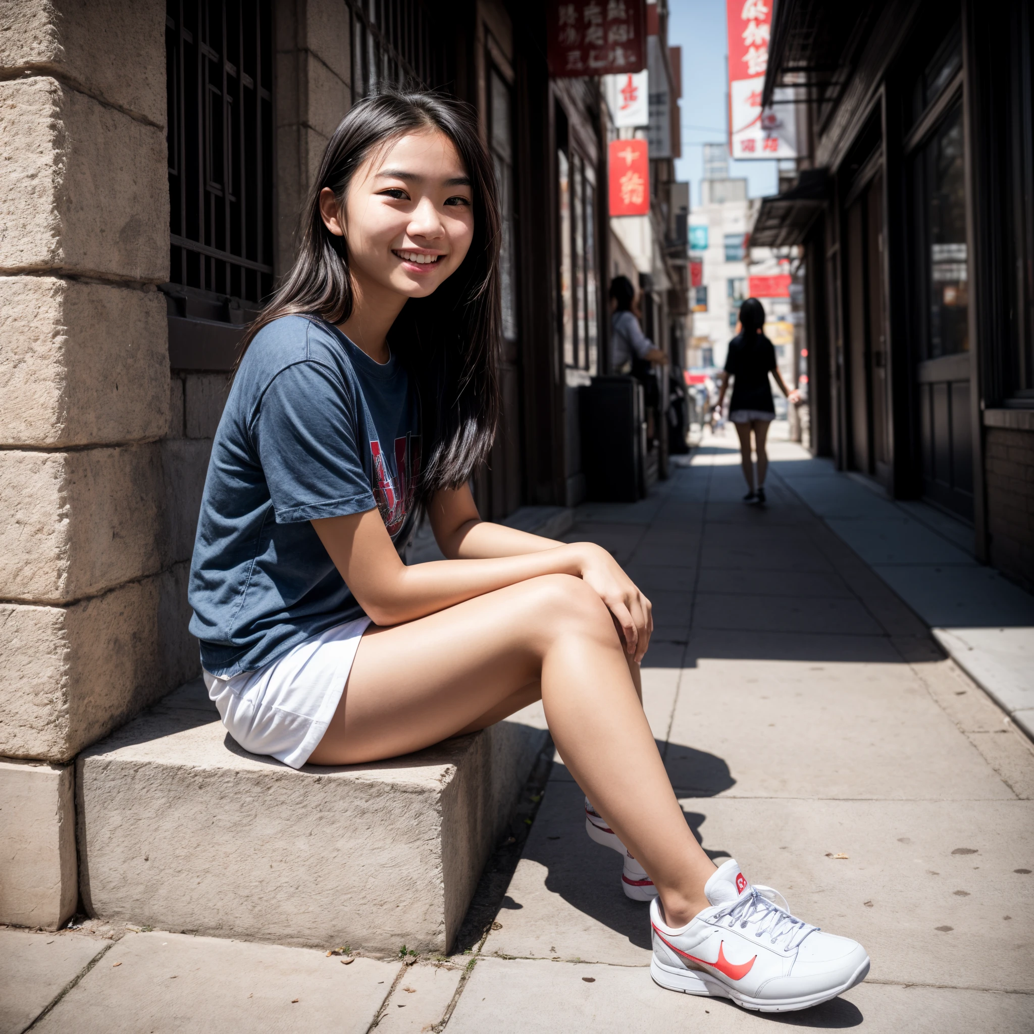 portrait oF a Chinese  girl sitting on a stoop in the city, Smiling, clear Facial Features, 35mm lens, F/1.8, natural  lightting, globalillumination