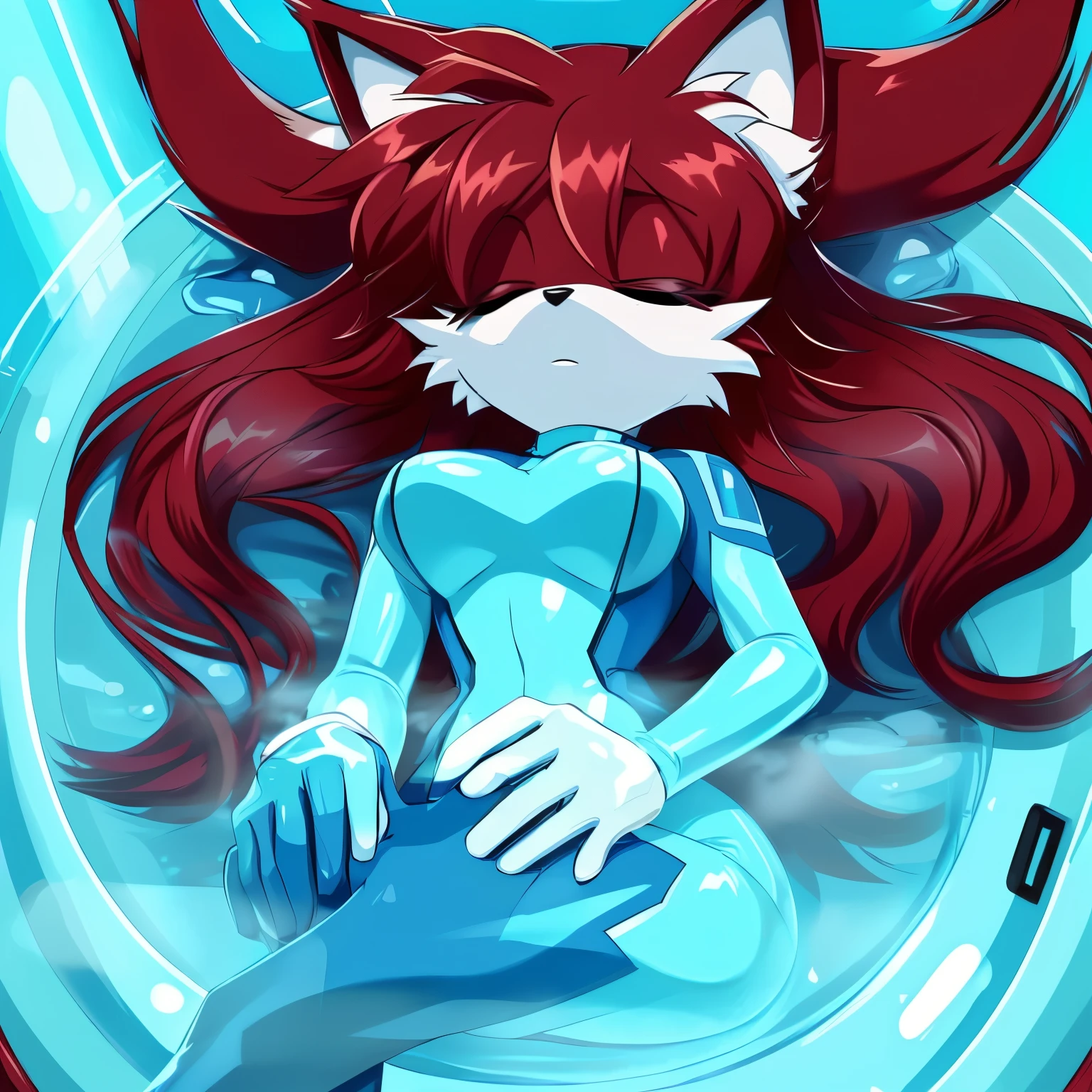Female, Mobian, Fox, (((2D Anime Style))), (solo), (1girl), high quality digital art, red and black neon lines sketch art, black cloudy background, a dark crimson furred female anthropomorphic Fox, (((dark crimson fur))), (((VERY long and wavy dark crimson hair))), (large and long hair bangs), wispy lines, average sized breasts, (facing viewer), (((sleeping in a cryogenic chamber, floating in bright cyan liquids, sleeping))), white colored zero suit, white gloves, white high heels, sleeping in tube/container