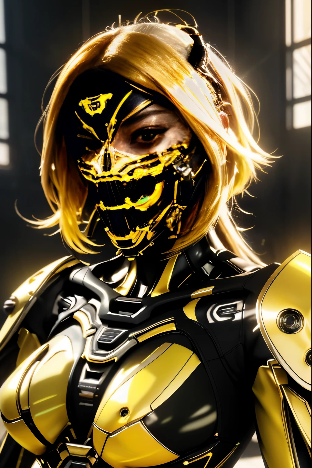 (Masterpiece:1.2,hiquality), 1girl, ((ultra realistic details)), Global Illumination, eye shadow, dinamic lighting, Unreal engine, Octane Render, 8K, ultra sharp, Metal, Intricate, ornaments detailed, highly intricate details, Yellow eyes, (Mechanical body:1.2), white colored hair, (black mask), transmission, apocalypse,