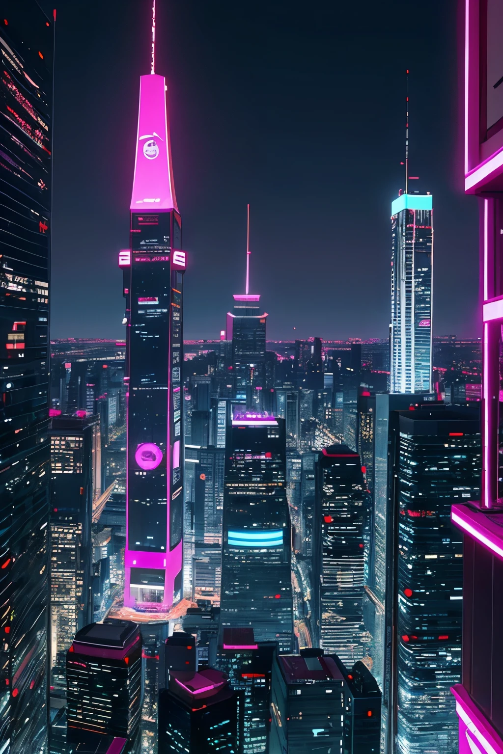 The city of the future, Cyberpunk night neon city penthouse violet 8k HD details