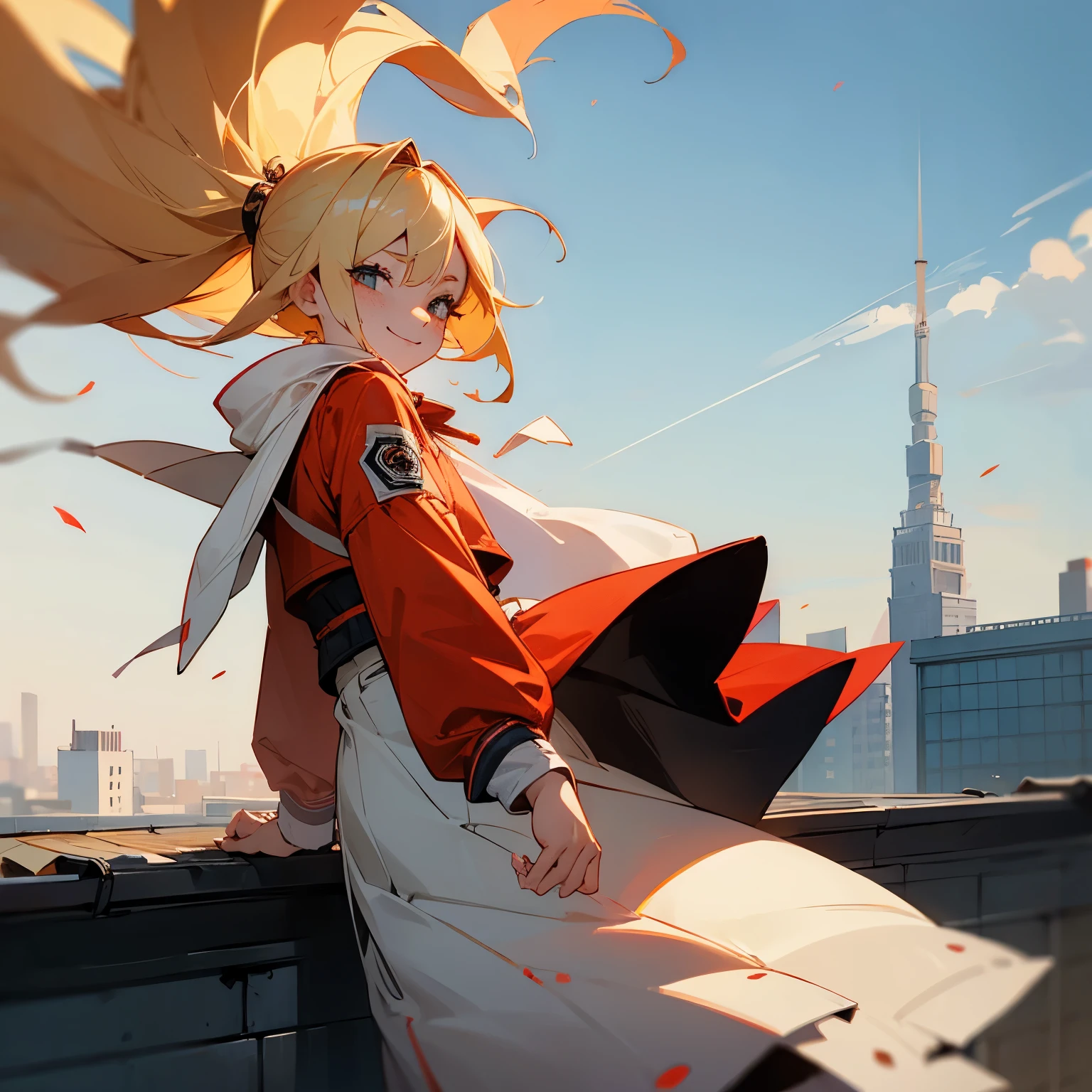 a blond、Bad eyes、a cunning smile、Looks Back、White muffler、Red jersey jacket、Check skirt、Bad Girls、hitornfreckles、On the rooftop、blows wind
