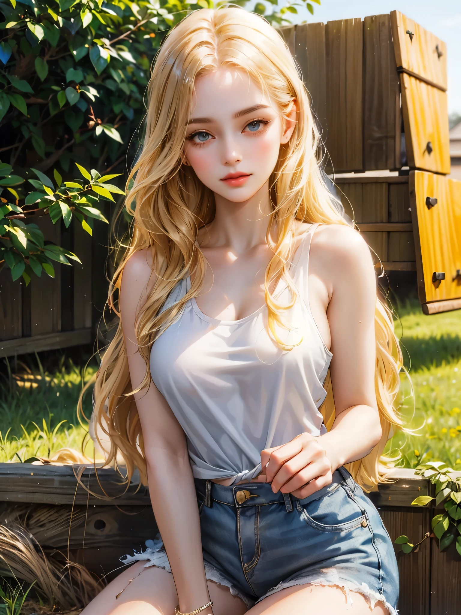 she is sitting on a bale of hay. background inside a barn