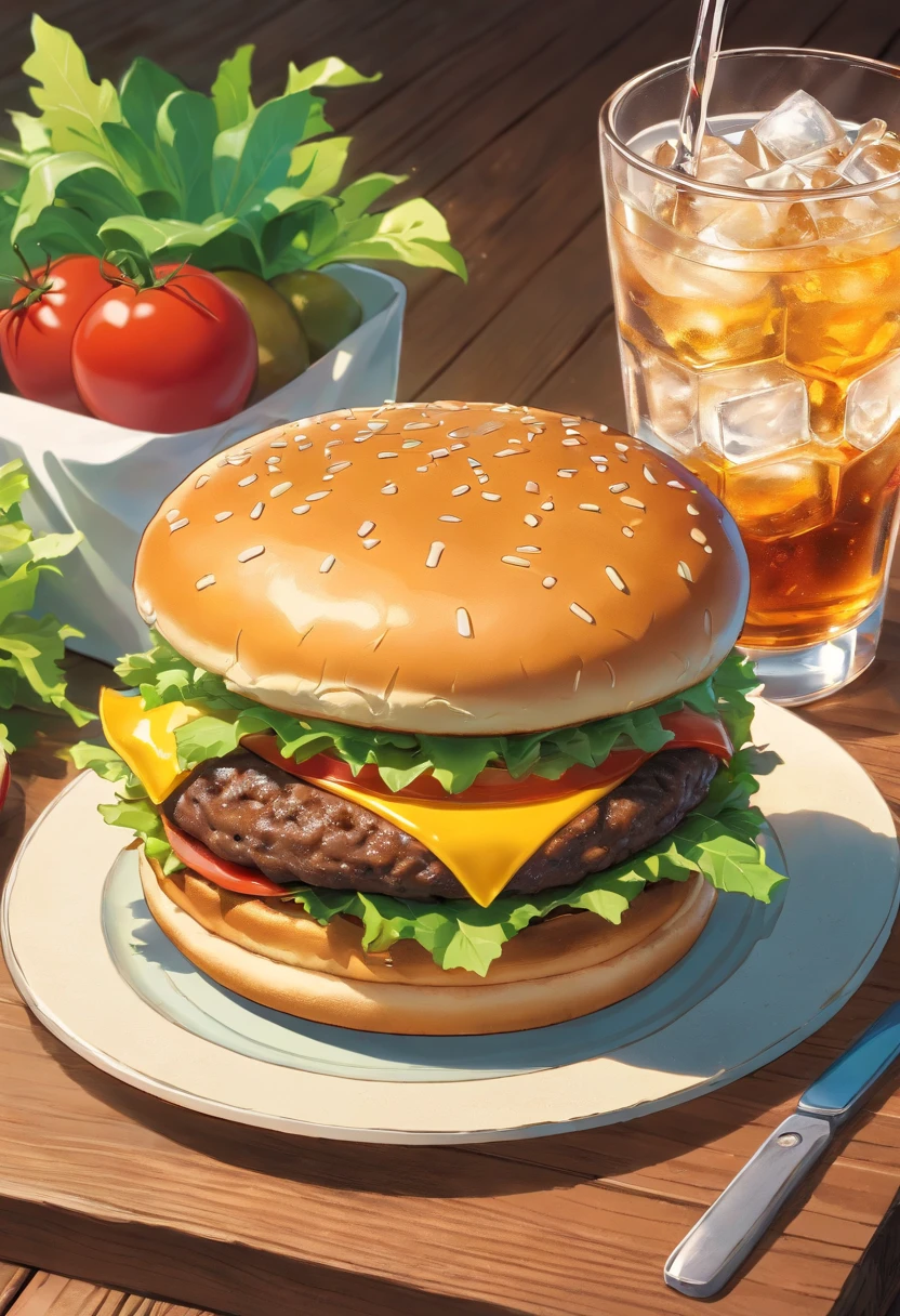 a mouthwatering shot of a cheeseburger on a wooden background, with a side of fresh greens and a glass of ice-cold soda, representing the perfect mealtime indulgence