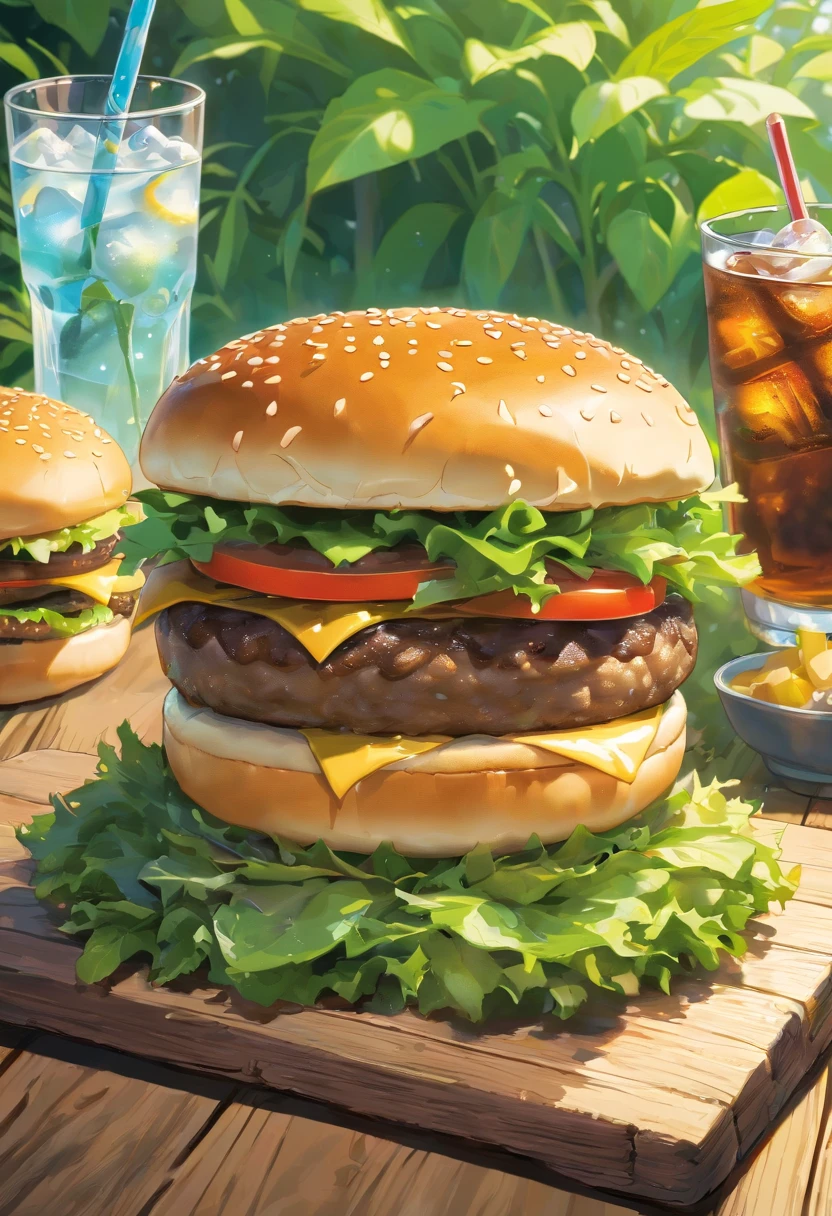 a mouthwatering shot of a cheeseburger on a wooden background, with a side of fresh greens and a glass of ice-cold soda, representing the perfect mealtime indulgence