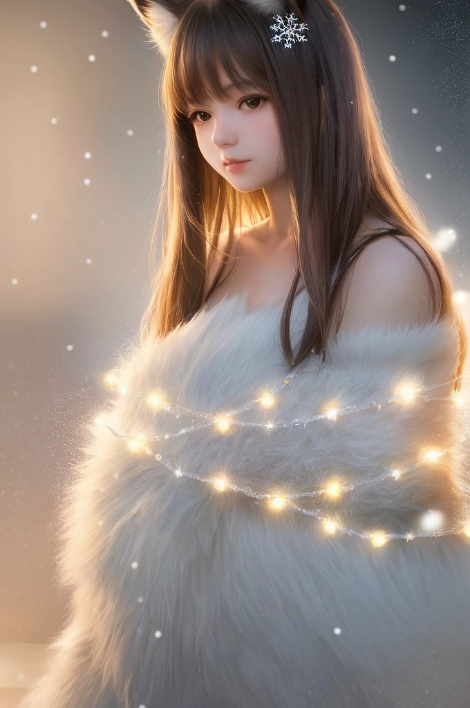 (Raw photo:1.2), (Photorealistic:1.4), (Best Quality:1.4), (超A high resolution:1.2), (Highly detailed:1.3), (nffsw:1.2), (Cinematic lighting:1.3), (eye detailed), (Yuki:1.2). ), Cute Little Fox, Standing, (3/4 portrait: 1.2), (Furry tail: 1.2), (Soft fur: 1.2), (Moe: 1.2), (gaze at the audience), (Innocent expression), (Soft light), (dreamy), (dream: 1.3), (Ethereal: 1.3), (Magic: 1.2), (Snowflake: 1.2), (Winter wonderland: 1.3), (capricious: 1.2), (Fun: 1.2), Bust, Solo