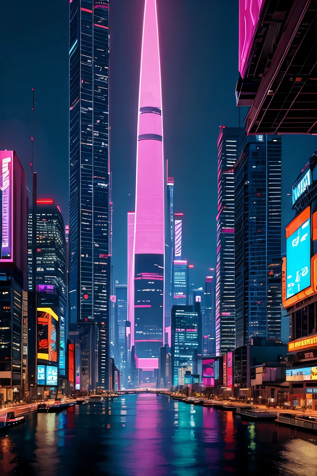 The city of the future, Cyberpunk night neon city penthouse violet 8k HD details
