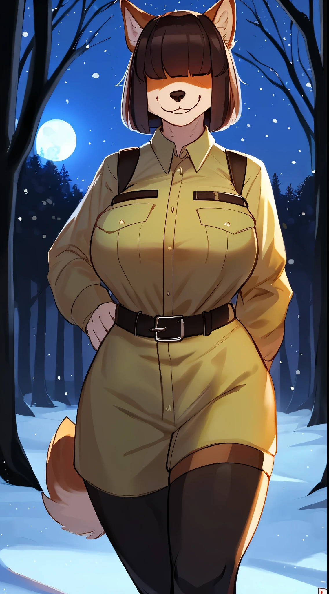 ((By bebebebebe)), (by lostgoose, by goonie-san), female, ((canine, snout, hair covering eyes, straight hair, medium hair, flat hair, ears, thin snout)), brown fur, big poofy tail, raised tail, dark maroon hair, ((muscular, big breasts)), solo, standing, (tan and green park ranger uniform, tan uniform), snow, snowing, night time, moon, forest, smiling, happy, fun pose, happy pose