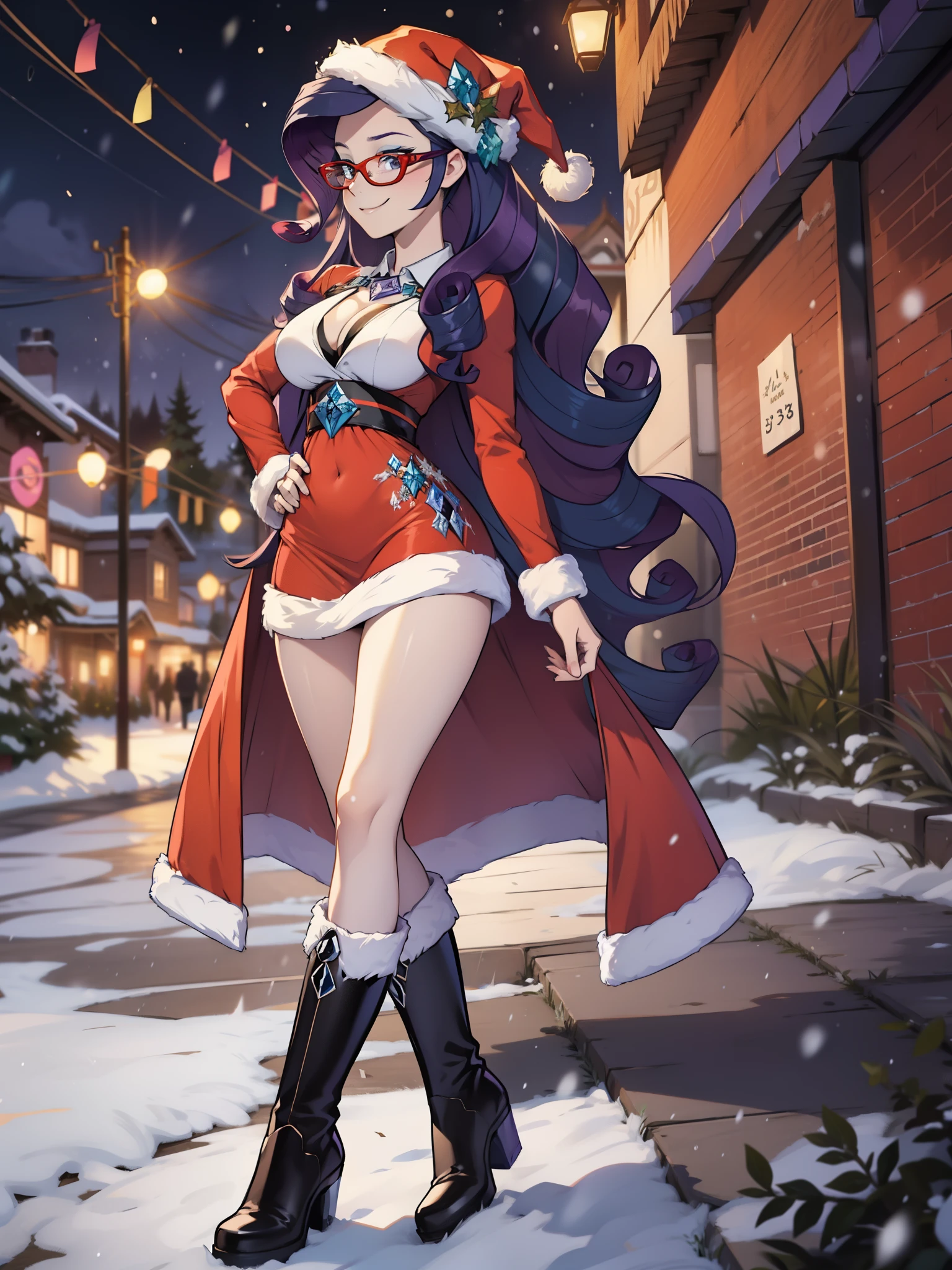 Rarity, Rarity из мой маленький пони, big breastes, Lush breasts, Volumetric breasts, exuberant hair, hairlong, coiled hair, Smiling, New Year, Christmas, santa costume, red ladies glasses, New Year's down jacket, closed clothing, New Year's hat, suit white purple, decorations and rhinestones, boots in rhinestones, New Year's Eve Outfit, in full height, New Year's boots, women's boots, a lot of Christmas lights, fireworks, handbag, super quality, Very detailed, snowing, Garland