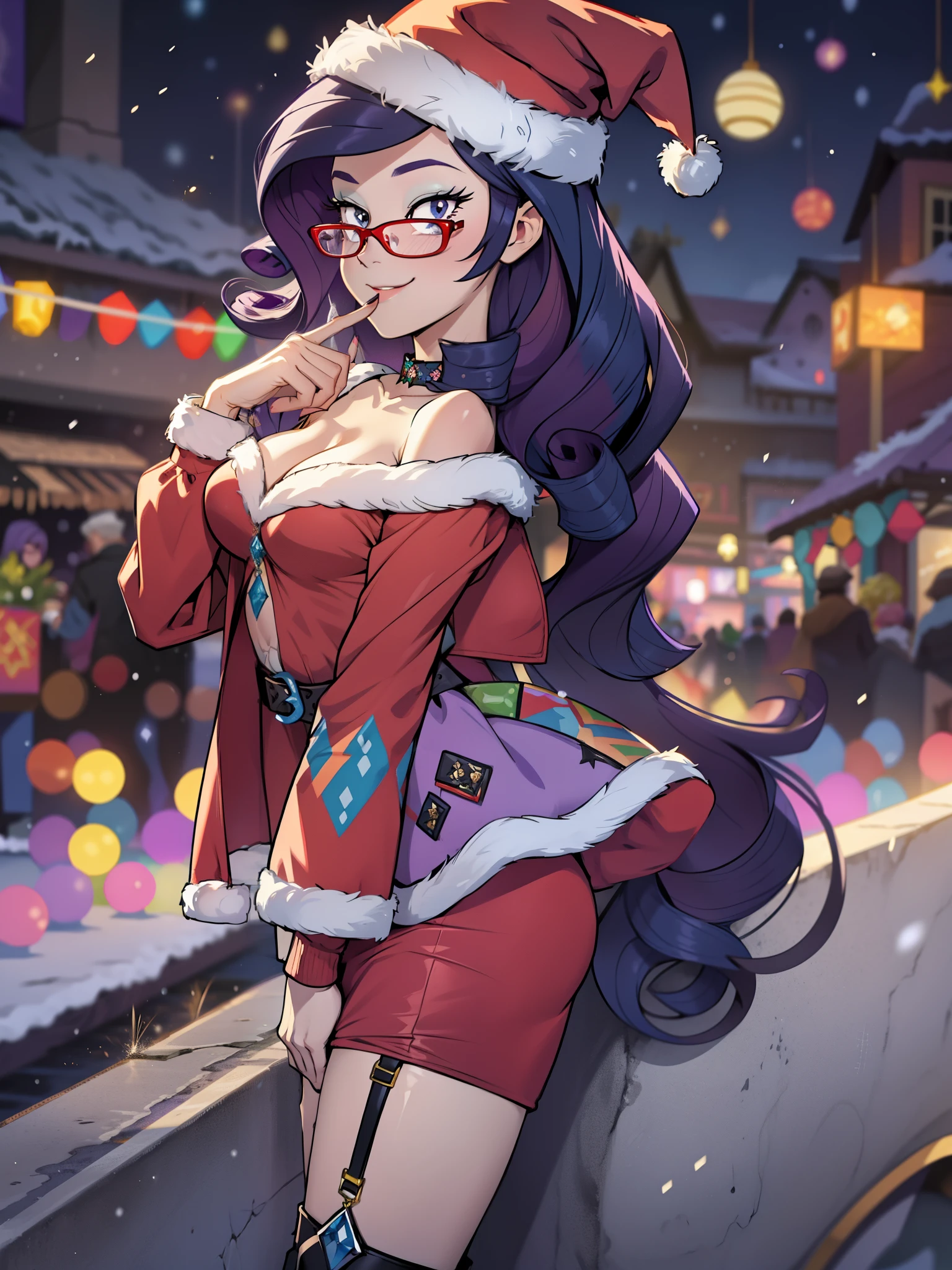 Rarity, Rarity из мой маленький пони, big breastes, Lush breasts, Volumetric breasts, exuberant hair, hairlong, coiled hair, Smiling, New Year, Christmas, santa costume, red ladies glasses, New Year&#39;s down jacket, closed clothing, New Year&#39;s hat, suit white purple, decorations and rhinestones, boots in rhinestones, New Year's Eve Outfit, in full height, New Year&#39;s boots, women&#39;s boots, a lot of Christmas lights, fireworks, handbag, super quality, Very detailed, snowing, Garland