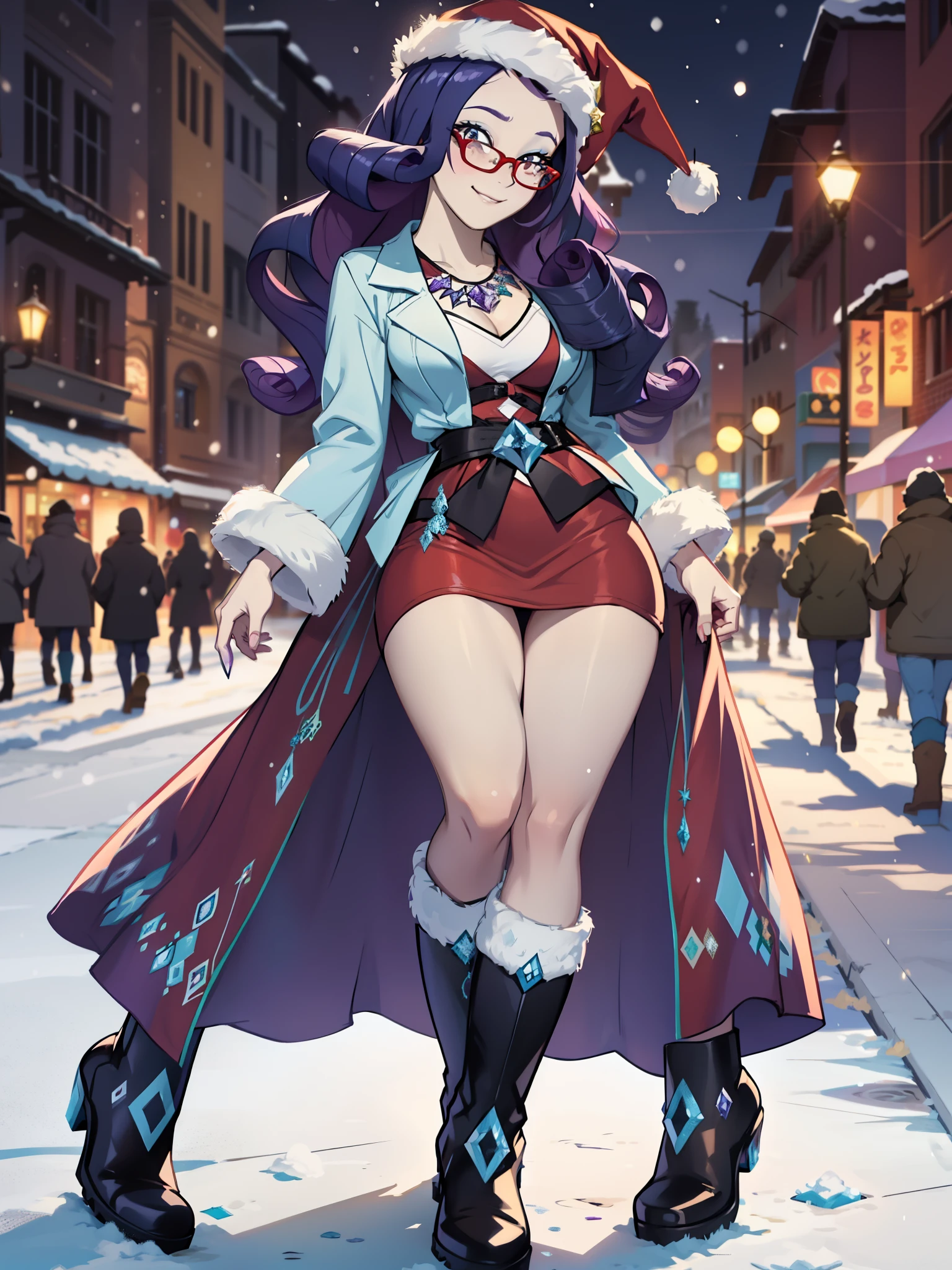 Rarity, Rarity из мой маленький пони, big breastes, Lush breasts, Volumetric breasts, exuberant hair, hairlong, coiled hair, Smiling, New Year, Christmas, santa costume, red ladies glasses, New Year&#39;s down jacket, closed clothing, New Year&#39;s hat, suit white purple, decorations and rhinestones, boots in rhinestones, New Year's Eve Outfit, in full height, New Year&#39;s boots, women&#39;s boots, a lot of Christmas lights, fireworks, handbag, super quality, Very detailed, snowing, Garland