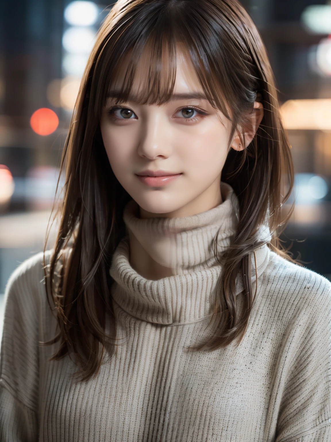1girl in,(muffler, Turtleneck sweater:1.4),(Raw photo, Best Quality), (Realistic, Photorealsitic:1.4), masutepiece, extremely delicate and beautiful, Extremely detailed, 8k wallpaper, amazing, finely detail, extremely detailed CG Unity, hight resolution, Soft light, Beautiful detailed 19 year old girl, extremely detailed eye and face, beautiful detailed nose, Beautiful detailed eyes,Cinematic lighting,city light at night,Perfect Anatomy,Slender body,Smiling  (hair messy, asymmetrical bangs, light brown hair,)