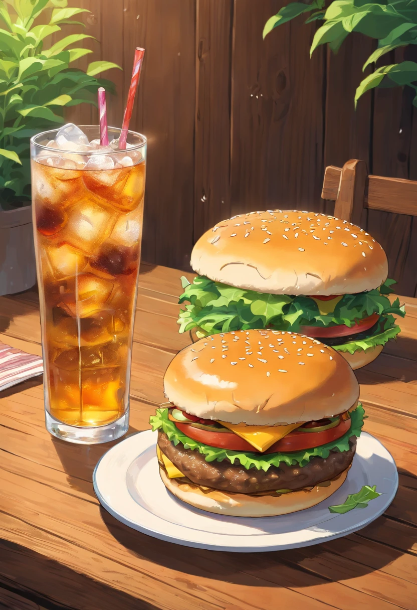 a mouthwatering shot of a cheeseburger on a wooden background, with a side of fresh greens and a glass of ice-cold soda, representing the perfect mealtime indulgence