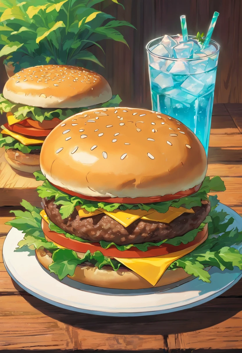a mouthwatering shot of a cheeseburger on a wooden background, with a side of fresh greens and a glass of ice-cold soda, representing the perfect mealtime indulgence