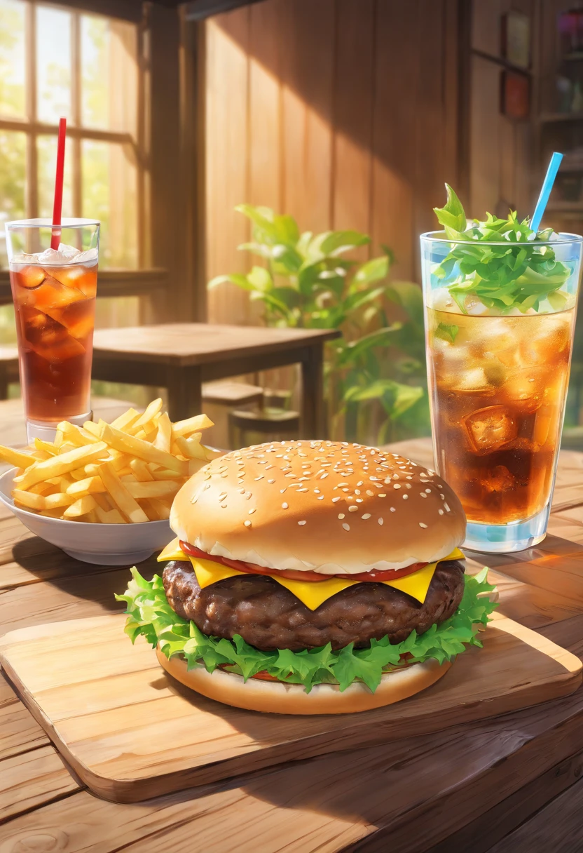 a mouthwatering shot of a cheeseburger on a wooden background, with a side of fresh greens and a glass of ice-cold soda, representing the perfect mealtime indulgence