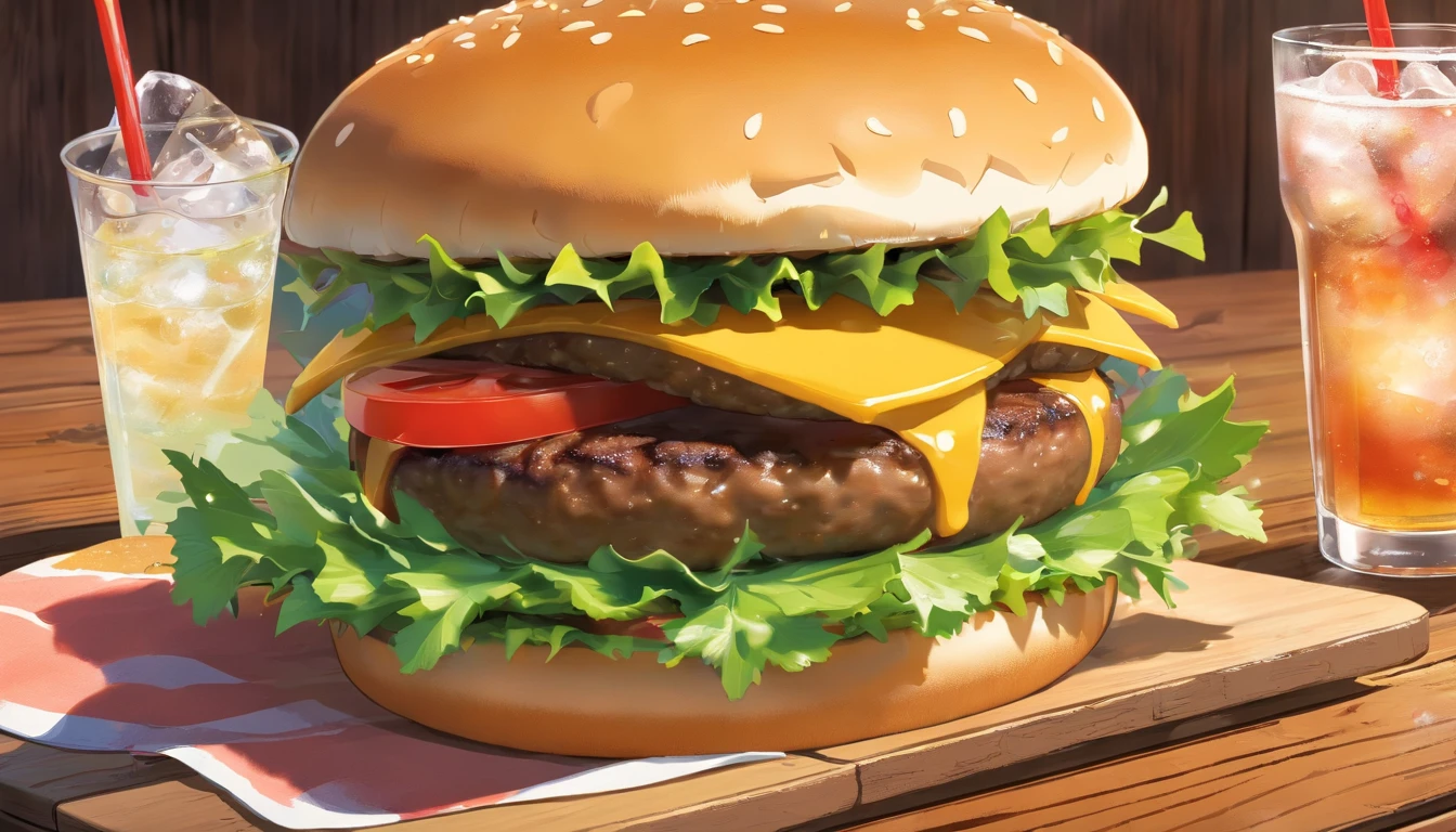 a mouthwatering shot of a cheeseburger on a wooden background, with a side of fresh greens and a glass of ice-cold soda, representing the perfect mealtime indulgence