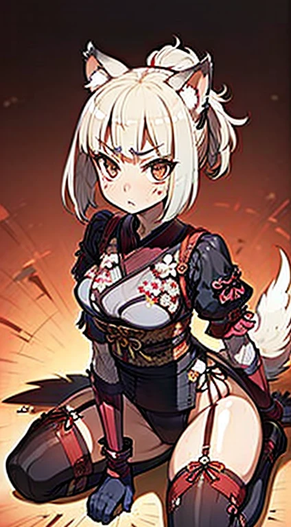 (hard disk, sharp, fractal), 1 woman,cel shaded animation, super shiny skin, dog ears, dog tail, Katanaを構えた兵士,Katana, samurai, samurai, Japan, Japanese style costume,