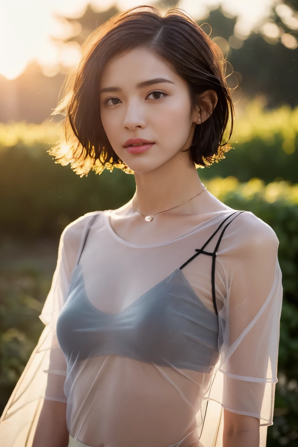 ((top-quality、8K、​masterpiece: 1.erfect Body Beauty: 1.4、Slender Abs: 1.2、Beautiful woman with slender abs:1.3、(Highlight Haircutreast B Cup:1.2), medium breast, round shape breast, perfect shape breast, ((( wear wet see through T-shirt, wide neck))) (((black strap on shoulder))), pubic hair,hight pubic bone,  necklace, hyperdetailed face、18year old、 Pretty women、(Dark brown short-cut hair), Slim Face、Highly detailed facial and skin texture、very detailed lips、opens legs、top-quality、​masterpiece、超A high resolution、(Photorealsitic:1.4), walked forward confidently, long shot , (outdoor), bright background, sunset light,