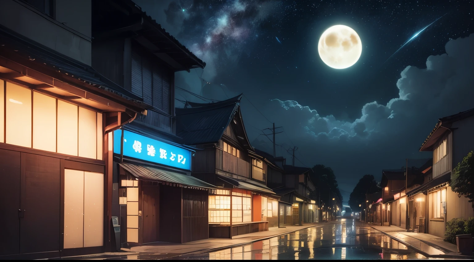 ((Hayao Miyazaki style,dark night,Gorgeous starry sky,bright moon:1.5)),((more detail:1.2)), praise, praise style, modern japanese street, modern japanese architecture, japanese convenience store, big retro japanese store sign, retro japanese shop, tree, plant, rocks, flowerpots, shop signs, japanese banners, japanese signs, flags, rain, raining, dramatic weather, rain falling from the sky, rain drops, empty streets, no one in sight, (no one: 1), best quality, Tokyo countryside,wide shot, Wide-Angle, Ultra-Wide Angle, f/4.0, Sony FE , 135mm, chiaroscuro, ray tracing, Fujicolor,