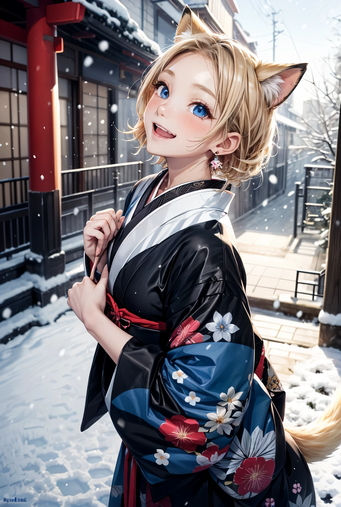Melody Mark,of the highest quality, Best Masterpiece, ultra-detailliert,fox village, (1 fox girl), (Jet black and floral patterned Japanese clothes:1.4),(It's snowing:1.3), (look up sky:1.3),(cheerful and happy face:1.3), A little tears,red blush, (blonde short low tail: 1.4), Shiny hair, (Deep Blue Eyes:1.4), Small earrings, Small necklace,Sunlight,light reflections ,Kemomimi