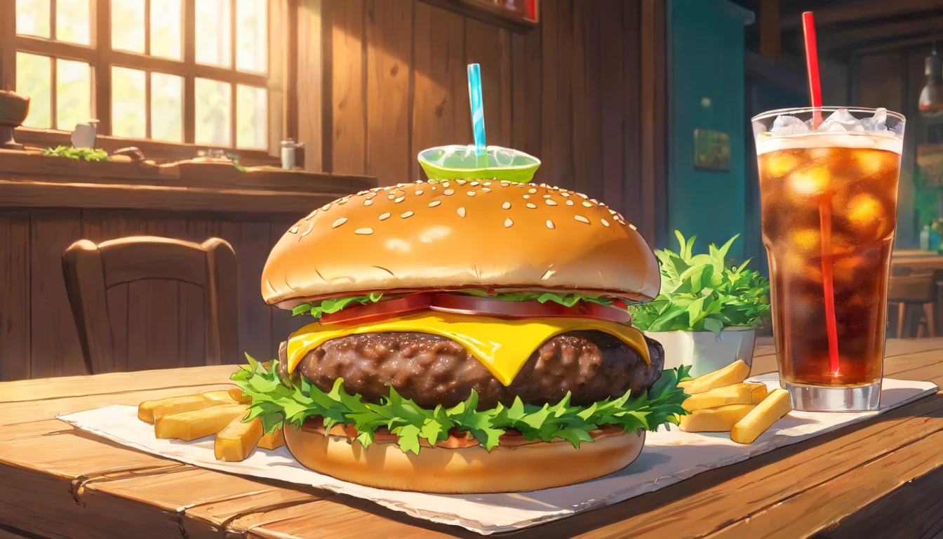 a mouthwatering shot of a cheeseburger on a wooden background, with a side of fresh greens and a glass of ice-cold soda, representing the perfect mealtime indulgence