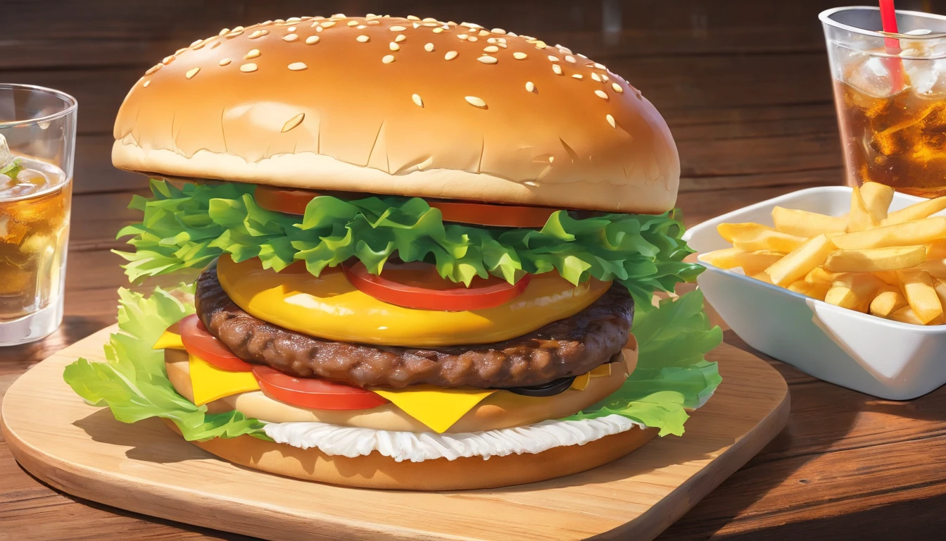 a mouthwatering shot of a cheeseburger on a wooden background, with a side of fresh greens and a glass of ice-cold soda, representing the perfect mealtime indulgence