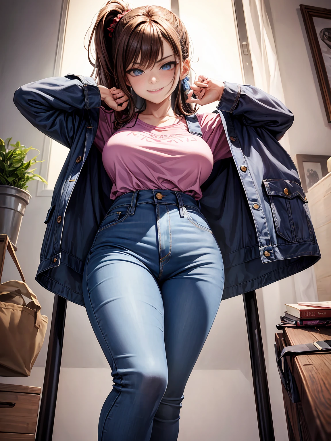 huge breast, giantess, pink top, jeans, city in the background