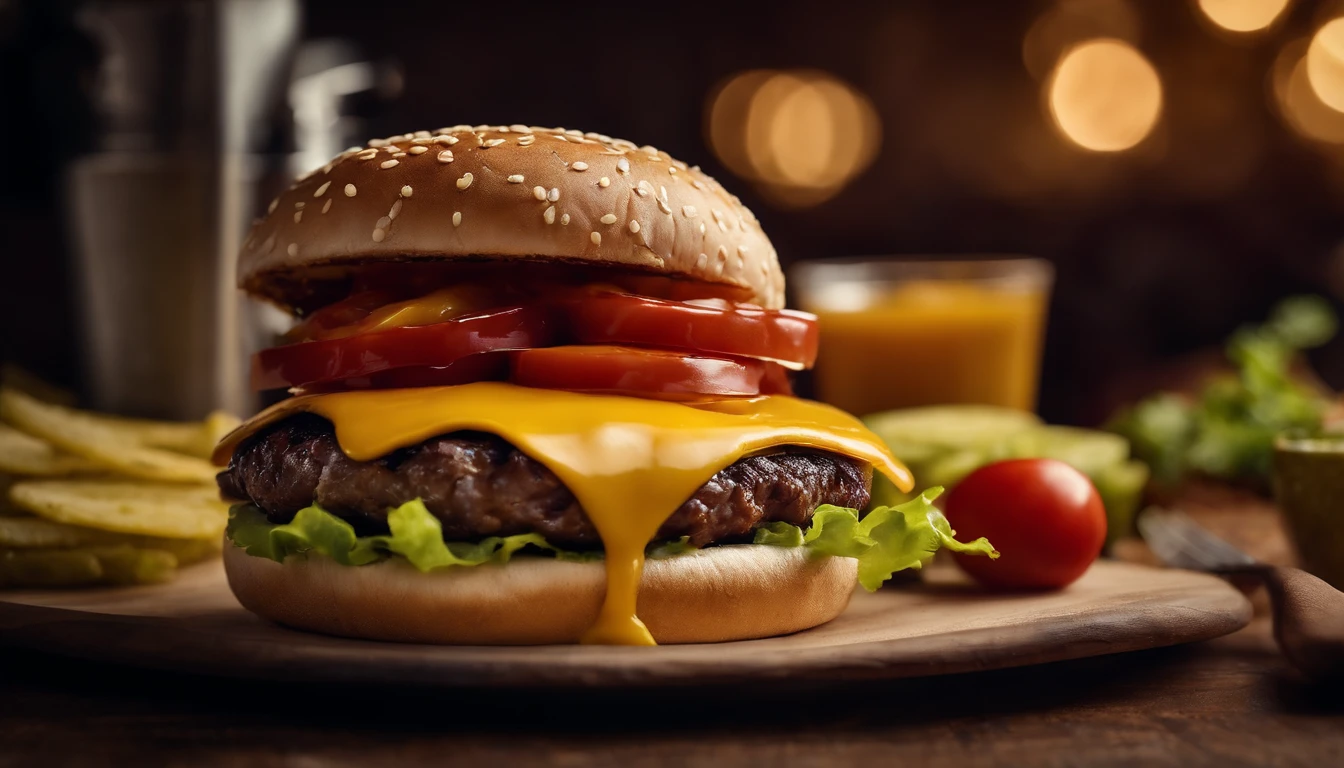 a lifestyle shot of a cheeseburger surrounded by condiments like ketchup, mustard, and pickles, with wooden utensils and napkins, creating a casual and inviting atmosphere