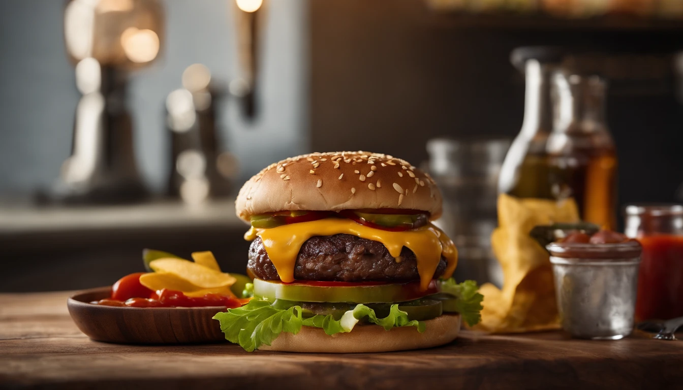 a lifestyle shot of a cheeseburger surrounded by condiments like ketchup, mustard, and pickles, with wooden utensils and napkins, creating a casual and inviting atmosphere