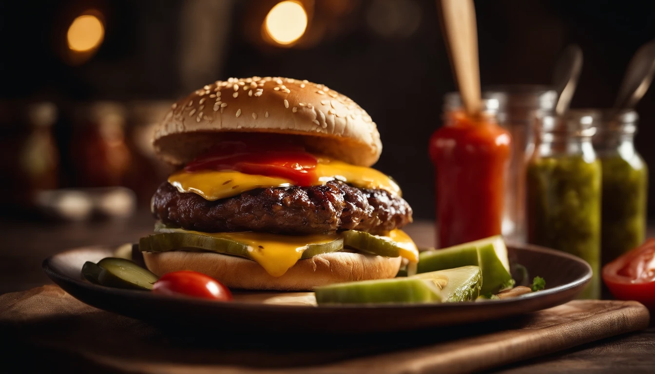 a lifestyle shot of a cheeseburger surrounded by condiments like ketchup, mustard, and pickles, with wooden utensils and napkins, creating a casual and inviting atmosphere