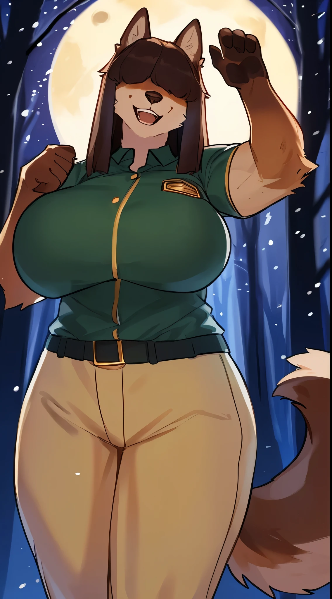 (((By bebebebebe))), ((by lostgoose)), (by goonie-san), female, ((canine, snout, hair covering eyes, straight hair, medium hair, flat hair, ears, thin snout)), brown fur, big poofy tail, raised tail, dark maroon hair, ((muscular, big breasts)), solo, standing, (tan and green park ranger uniform), snow, snowing, night time, moon, forest, smiling, happy, fun pose, happy pose, open mouth