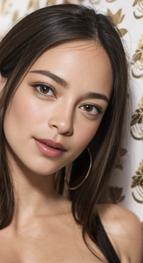 (A hyper-realistic), (hight resolution), (8K), (highly detailed), (The best illustrations), (top-quality), (ultra-detailed), (​masterpiece), (wall-paper), detailed face, beautiful detailed eyes, A smile, light brunette hair, natural breasts, soft areolas, topless, Puffy areolas, puffy nipples, detailed areolas, detailed nipples