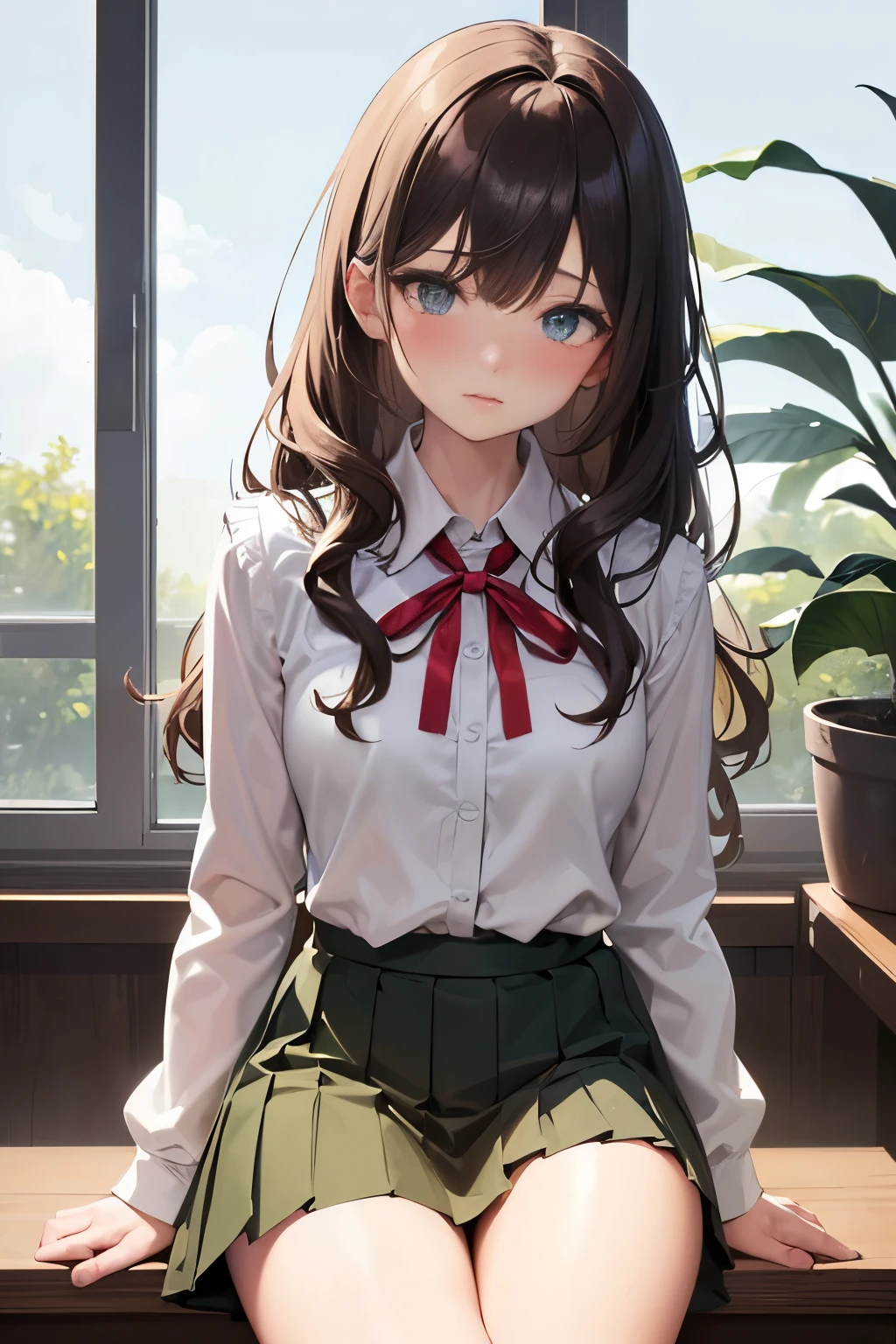 (Masterpiece:1.2, high quality), (pixiv:1.4), (1girl:1.2), (solo:1.2), beautiful caucasian woman, pale skin, solver hair, hair ribbon, face mask, detailed green eyes, (detailed eyes), wavy hair, asymmetric hair, bangs, (blush:1.2), (looking away), looking sideways, detailed neck, collabone, school uniform, unbuttoned white shirt, brown skirt, bare thighs, sitting beside window, windowsill, professional photography, vivid colors, soft lighting, high contrast, intrinsic details, natural beauty, aesthetic indoors, classroom, artistic details, (detailed face), ultra-detailed, 4k, HD, (highres:1.5),