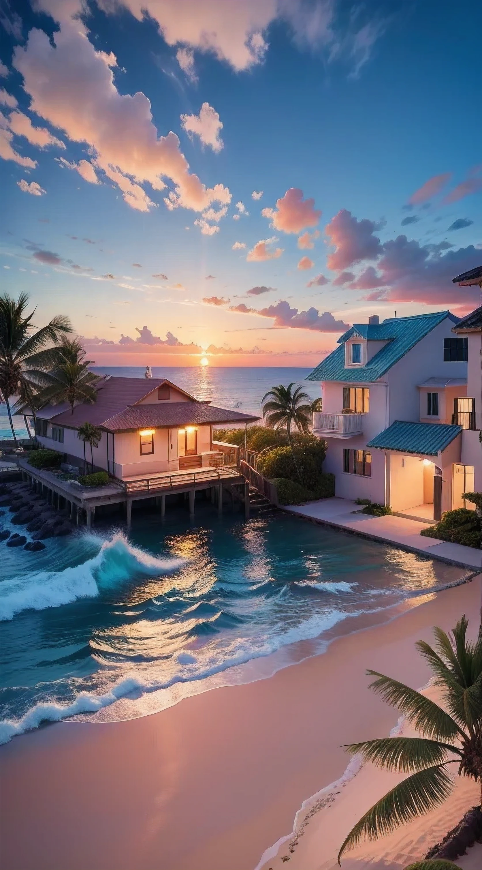 Surf Beach House in the front, paradise beach of Hawaii, sunny weather, surfboard on the side of the house, green plants and palm trees, blue ocean waves in the background Absolutely mesmerizing sunset on the beach with a mix of oranges, pinks and yellows in the sky. The water is crystal clear, gently kissing the shore, and the white sand is endless. The scenes are action-packed and breathtaking, with seagulls soaring high in the sky and palm trees swaying gently. Immerse yourself in the calm atmosphere and let the serenity surround you.
