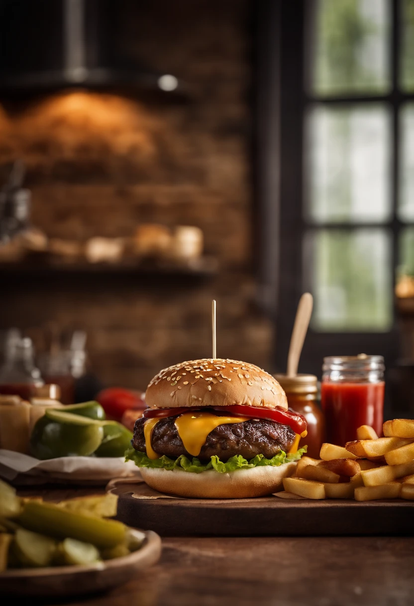 a lifestyle shot of a cheeseburger surrounded by condiments like ketchup, mustard, and pickles, with wooden utensils and napkins, creating a casual and inviting atmosphere