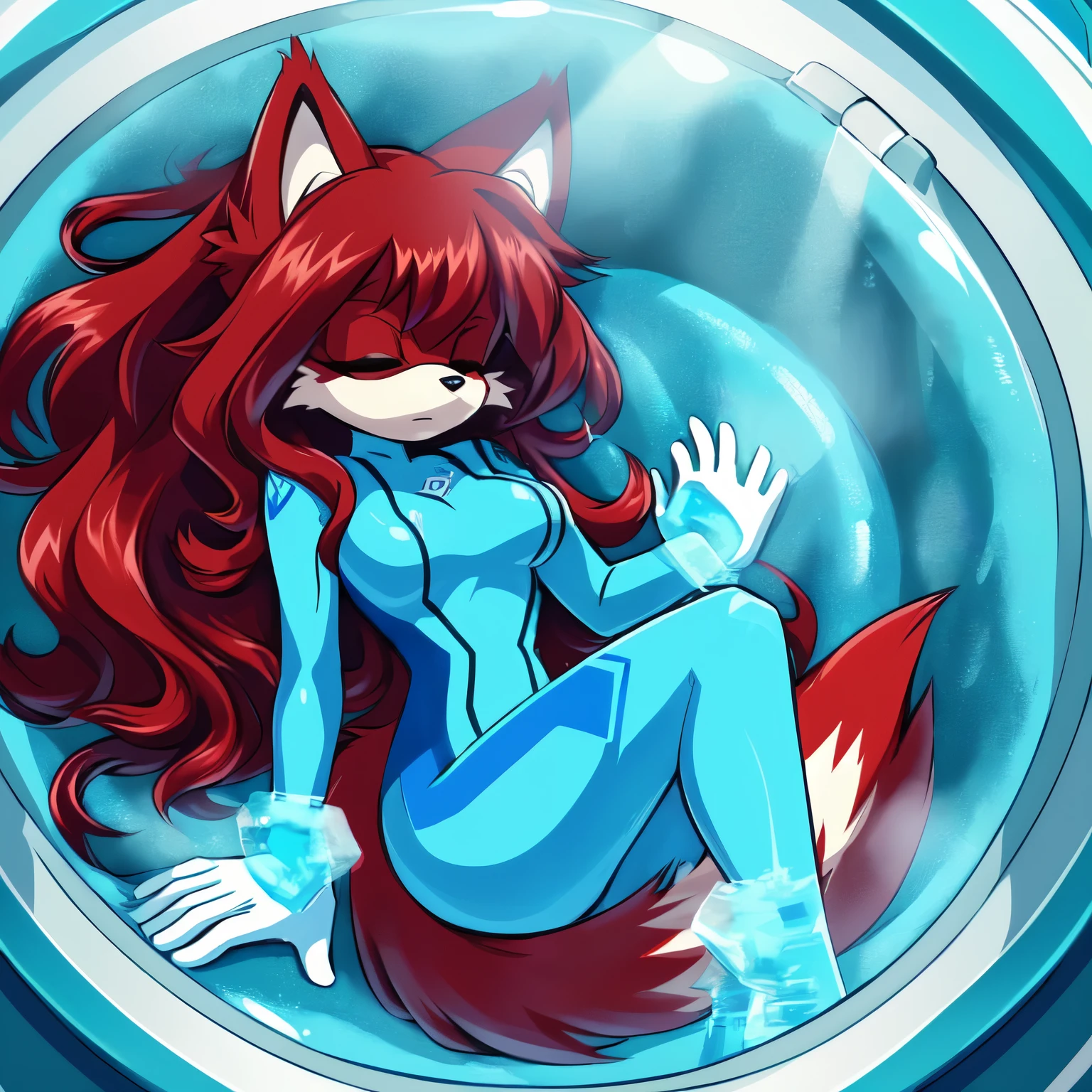 Female, Mobian, Fox, (((2D Anime Style))), (solo), (1girl), high quality digital art, red and black neon lines sketch art, black cloudy background, a dark crimson furred female anthropomorphic Fox, (((dark crimson fur))), (((VERY long and wavy dark crimson hair))), (large and long hair bangs), wispy lines, average sized breasts, (facing viewer), (((sleeping in a cryogenic chamber, floating in bright cyan liquids, sleeping))), ((zero suit that’s colored (white))), ((white gloves)), high heels, sleeping while floating in the liquids of the tube/container