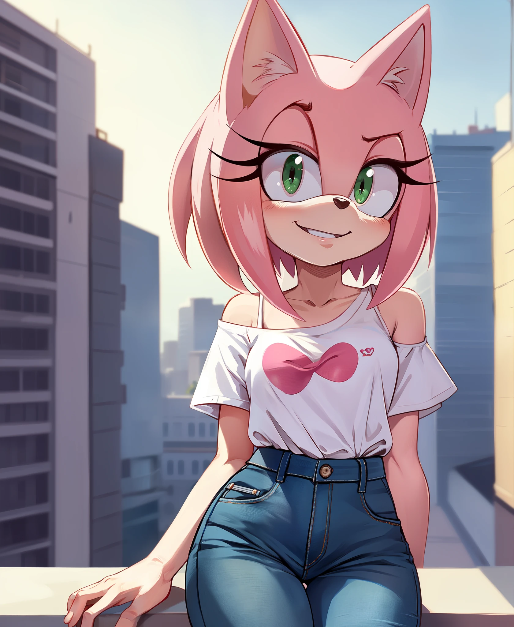 Amy Rose, body pink, 1girl, solo, looking at viewer, seductive smile, high-waist short pants, hairclip, denim, t-shirt, city background, off-shoulders, (masterpiece, best quality, detailed:1.4), detailed green eyes, pink body, furry anthro, furry body