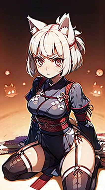 (hard disk, sharp, fractals), 1人の女性,cel shaded animation, Super glossy skin, Canine ears, Dog tail, katanasを構えた兵士,katanas, samurais, samurais, jpn, Japanese style costume,Plain white background