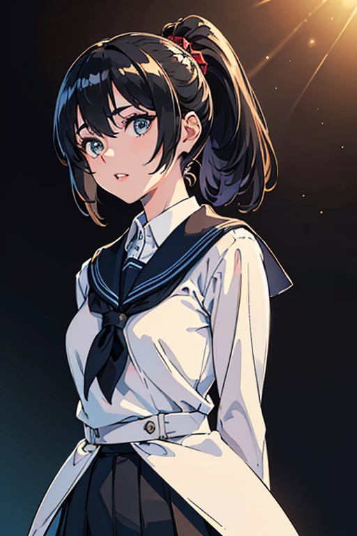 (1girl:1.3, solo), (a extremely pretty and beautiful Japanese woman), (), (professional attire:1.3), (22 years old: 1.1), (from below:1.3), (low angle:1.3), (ground level shot:1.3), (girl on top:1.3), (arms behind back between legs:1.3), (attractive random posing:1.3), (in the queenroom:1.3), (starring at you:1.3), break, (bobble ponytail:1.3), (shiny-black thin hair:1.2), bangs, dark brown eyes, beautiful eyes, princess eyeig eyes:1.3), bangs, Hair between eyes, short hair:1.3, (slender:1.1), (small-medium-breasts:0.95), (thin waist: 1.15), (detailed beautiful girl: 1.4), Parted lips, Red lips, full-make-up face, (shiny skin), ((Perfect Female Body)), (Upper Body Image:1.erfect Anatomy, Perfect Proportions, (most beautiful Korean actress face:1.3, extremely cute and beautiful Japanese actress face:1.3), BREAK, (View viewer, wearing a school girl uniform, (insanely detailed collared sailor shirt:1.3, long-sleeve:1.3), (black box-skirt:1.3), detailed clothes, BREAK, (detailed classy queenroom background:1.2), (dark background), (Studio soft lighting: 1.3), (fake lights: 1.3), (backlight: 1.3), BREAK, (Realistic, Photorealistic: 1.37), (Masterpiece, Best Quality: 1.2), (Ultra High Resolution: 1.2), (RAW Photo: 1.2), (Sharp Focus: 1.3), (Face Focus: 1.2), (Ultra Detailed CG Unified 8k Wallpaper: 1.2), (Beautiful Skin: 1.2), (pale Skin: 1.3), (Hyper Sharp Focus: 1.5), (Ultra Sharp Focus: 1.5), (Beautiful pretty face: 1.3), (super detailed background, detail background: 1.3), Ultra Realistic Photo, Hyper Sharp Image, Hyper Detail Image,