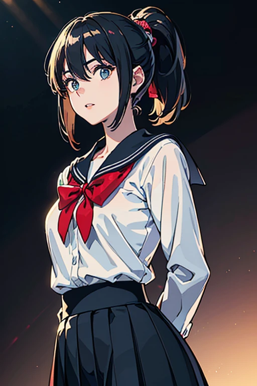 (1girl:1.3, solo), (a extremely pretty and beautiful Japanese woman), (), (professional attire:1.3), (22 years old: 1.1), (from below:1.3), (low angle:1.3), (ground level shot:1.3), (girl on top:1.3), (arms behind back between legs:1.3), (attractive random posing:1.3), (in the queenroom:1.3), (starring at you:1.3), break, (bobble ponytail:1.3), (shiny-black thin hair:1.2), bangs, dark brown eyes, beautiful eyes, princess eyeig eyes:1.3), bangs, Hair between eyes, short hair:1.3, (slender:1.1), (small-medium-breasts:0.95), (thin waist: 1.15), (detailed beautiful girl: 1.4), Parted lips, Red lips, full-make-up face, (shiny skin), ((Perfect Female Body)), (Upper Body Image:1.erfect Anatomy, Perfect Proportions, (most beautiful Korean actress face:1.3, extremely cute and beautiful Japanese actress face:1.3), BREAK, (View viewer, wearing a school girl uniform, (insanely detailed collared sailor shirt:1.3, long-sleeve:1.3), (black box-skirt:1.3), detailed clothes, BREAK, (detailed classy queenroom background:1.2), (dark background), (Studio soft lighting: 1.3), (fake lights: 1.3), (backlight: 1.3), BREAK, (Realistic, Photorealistic: 1.37), (Masterpiece, Best Quality: 1.2), (Ultra High Resolution: 1.2), (RAW Photo: 1.2), (Sharp Focus: 1.3), (Face Focus: 1.2), (Ultra Detailed CG Unified 8k Wallpaper: 1.2), (Beautiful Skin: 1.2), (pale Skin: 1.3), (Hyper Sharp Focus: 1.5), (Ultra Sharp Focus: 1.5), (Beautiful pretty face: 1.3), (super detailed background, detail background: 1.3), Ultra Realistic Photo, Hyper Sharp Image, Hyper Detail Image,