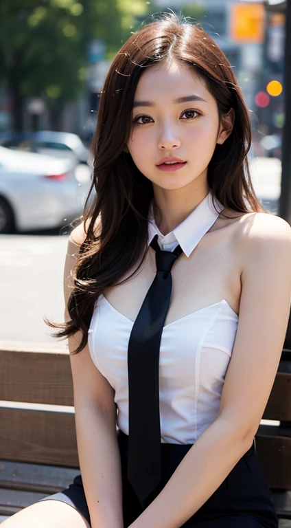 (masutepiece, Best Quality:1.2), 8K, 15yo student, 85 mm, Official art, Raw photo, absurderes, Naked, Pretty Face, close up, Upper body, violaceaess, gardeniass, Beautiful Girl, Gwen Stacy, Cinch West, thighs thighs thighs thighs, Sitting on a bench seat, Looking at Viewer, No makeup, (Smile:0.4), Film grain, chromatic abberation, Sharp Focus, face lights, clear lighting, , Detailed face, Bokeh background, into the spider verse, Yor, Yor breasts, Yor on face,(dark red necktie:1.1),seminude