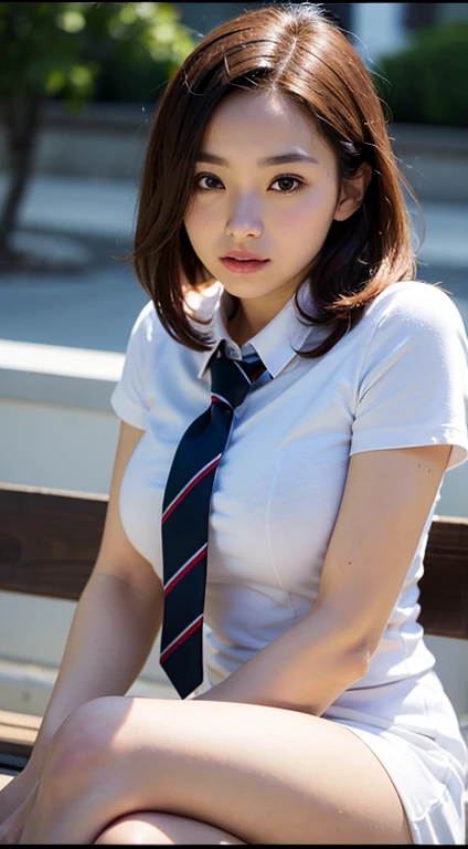 (masutepiece, Best Quality:1.2), 8K, 15yo student, 85 mm, Official art, Raw photo, absurderes, Naked, Pretty Face, close up, Upper body, violaceaess, gardeniass, Beautiful Girl, Gwen Stacy, Cinch West, thighs thighs thighs thighs, Sitting on a bench seat, Looking at Viewer, No makeup, (Smile:0.4), Film grain, chromatic abberation, Sharp Focus, face lights, clear lighting, , Detailed face, Bokeh background, into the spider verse, Yor, Yor breasts, Yor on face,(dark red necktie:1.1),seminude