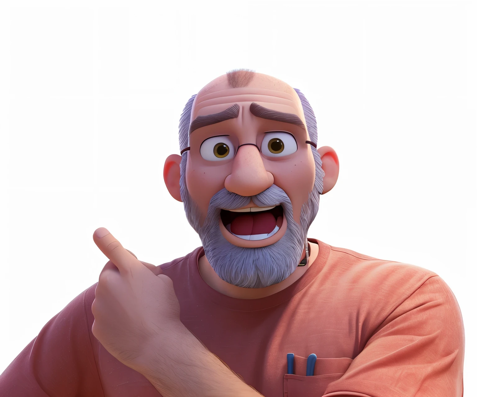 cartoon of Dave Legge with a grey_beard and a red shirt, ((bald)), a face, surprised pose, with pointing finger, man esthete with disgust face, pointing at the camera, man screaming, angry and pointing, you g face, heavy gesture style closeup, 4 k post, 4k post, threatening pose, masterpiece, highly realistic