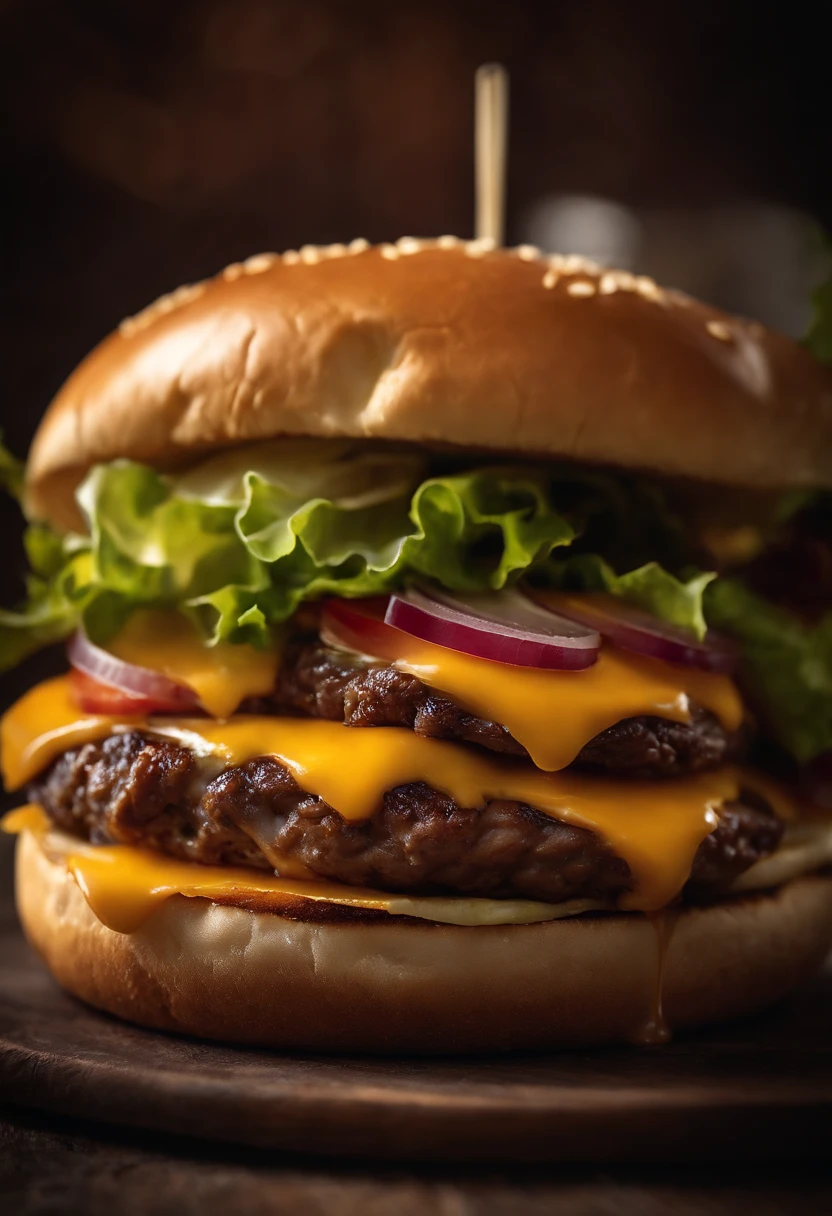 a close-up shot of a classic cheeseburger, with the cheese perfectly melted over the juicy beef patty, showcasing the deliciousness and mouthwatering appeal