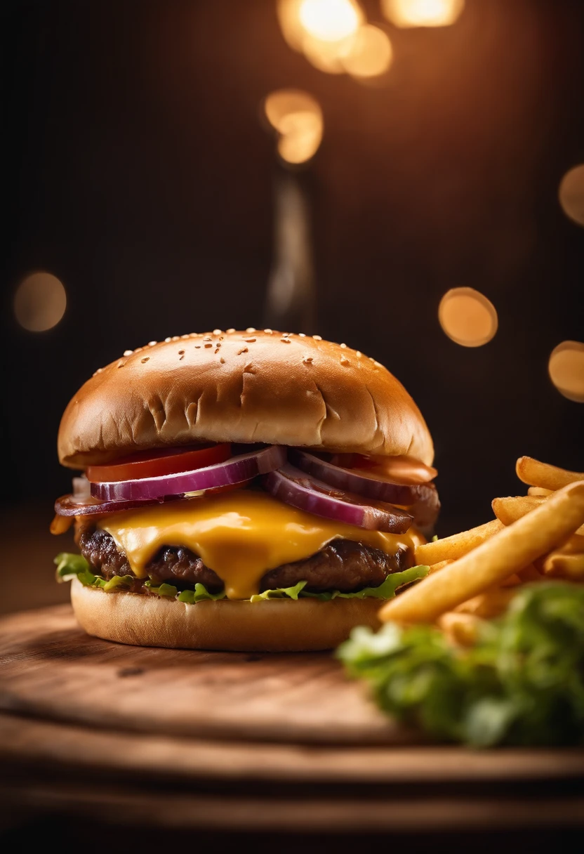 a close-up shot of a classic cheeseburger, with the cheese perfectly melted over the juicy beef patty, showcasing the deliciousness and mouthwatering appeal