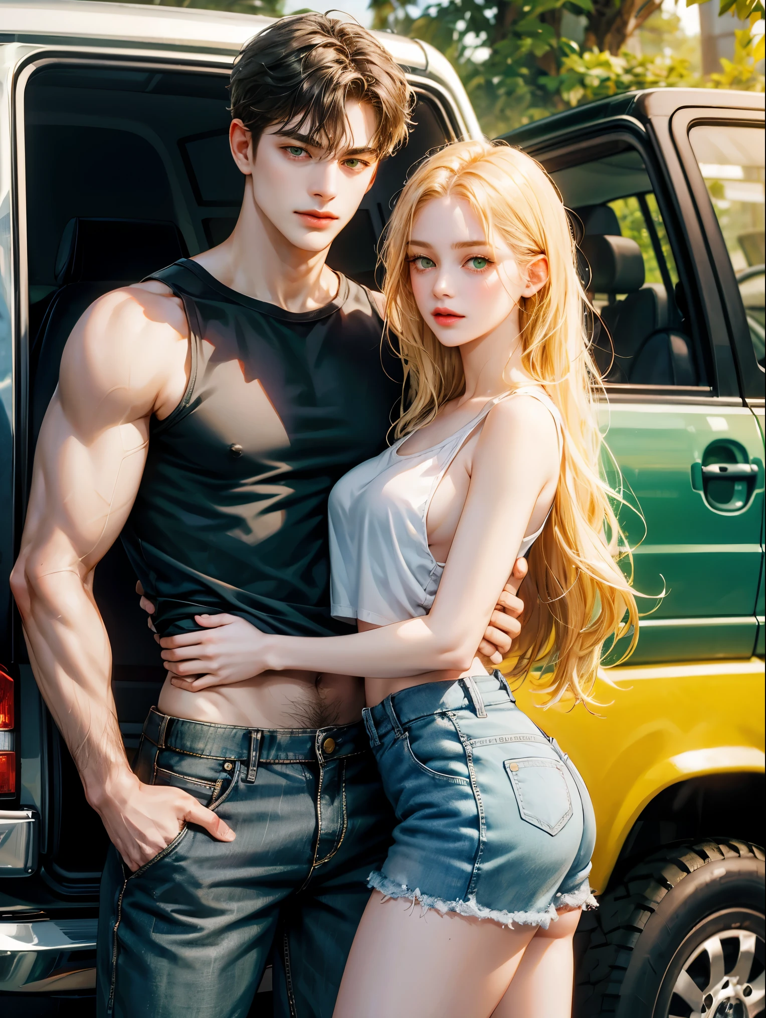 Couple, 1 girl 1 boy, different hair color, long blonde hair, wavy hair, no bangs, grey eyes. She wears shorts and tank-top. Short black hair, wavy and (green eyes) open black shirt and jeans, height different, detailed eyes, face, hand. they are standing. they are leaning against an assembly van, they hug, the look at the viewer. Full figure